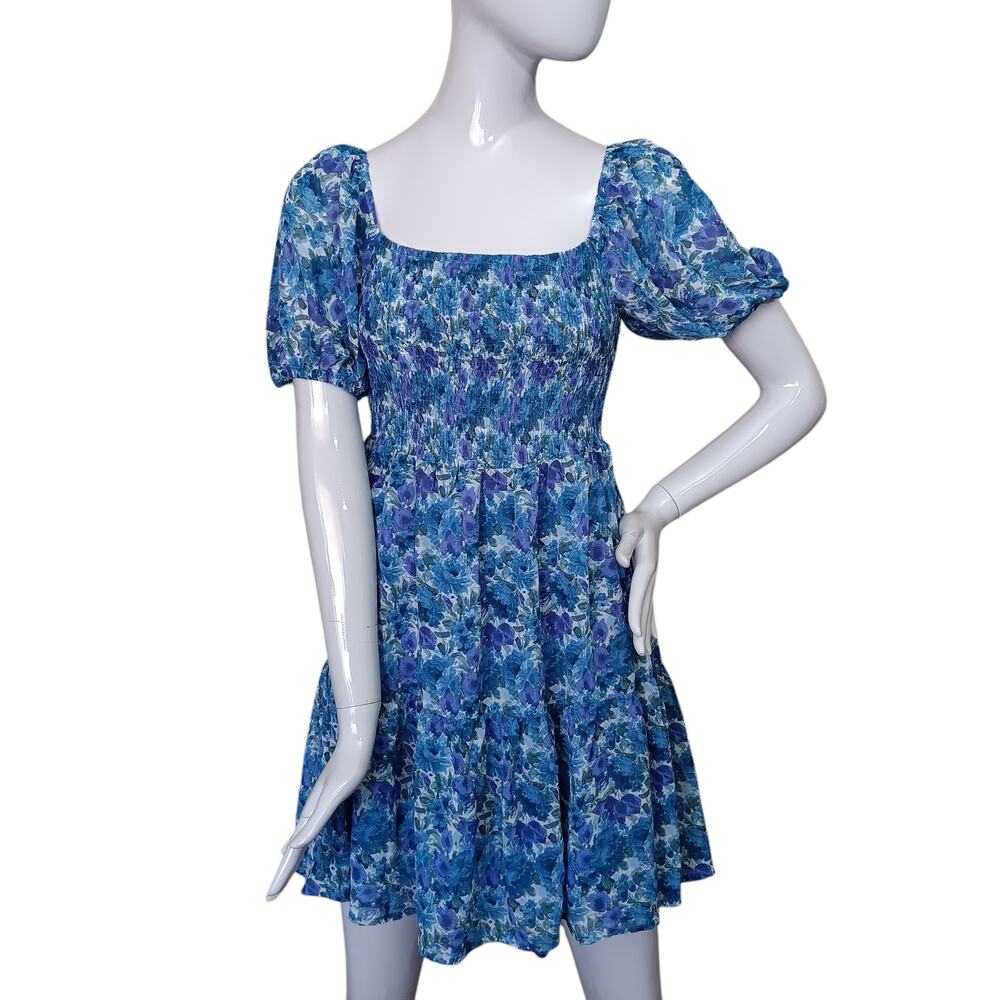 Lumiere Floral Sun Dress Size Small Blue Shirred Bodice Balloon Sleeves